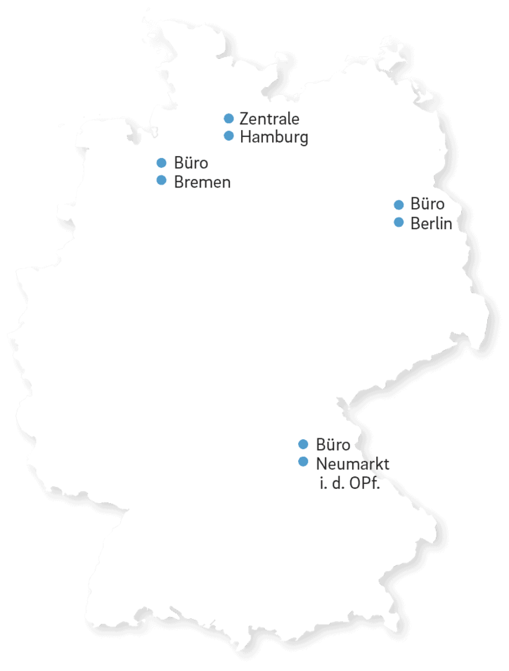 Karte mit Standorten in Hamburg, Bremen, Berlin und Neumarkt